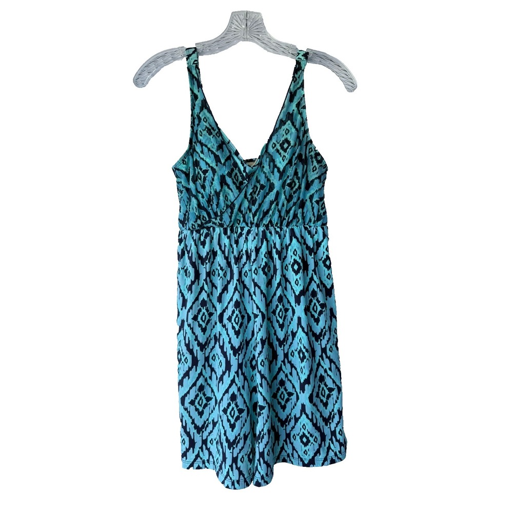Denim & Co Beach Boho Ikat Swim Dress Size 8 Turquoise Blue V-Neck Swimsuit